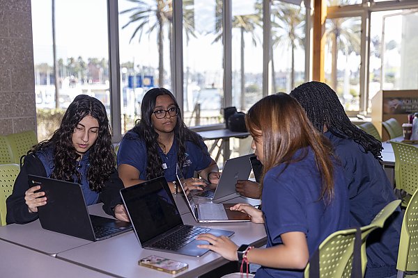 Teen Science Cafe teens sit at a table working together on their laptops