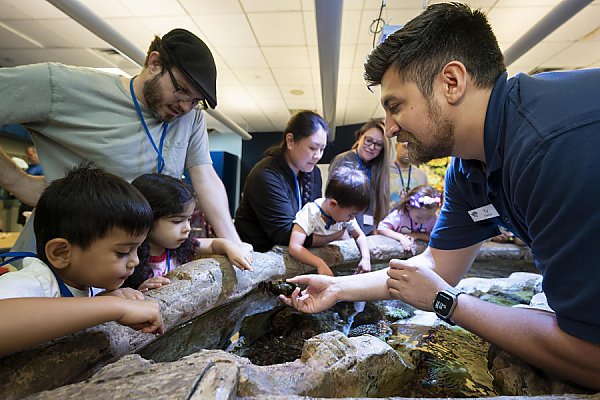 educator interacts with families in a classroom touch pool