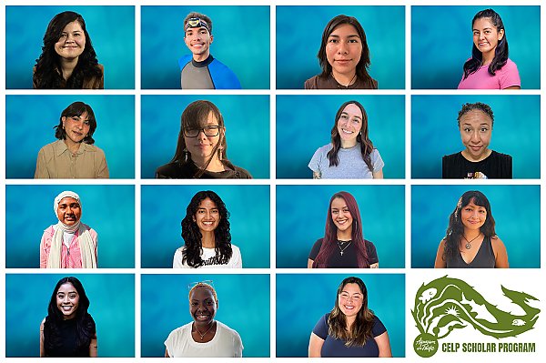 Collage of portraits of CELP Scholars from the 2026 cohort arranged in a grid with a green giant kelp logo with white fish in the bottom corner