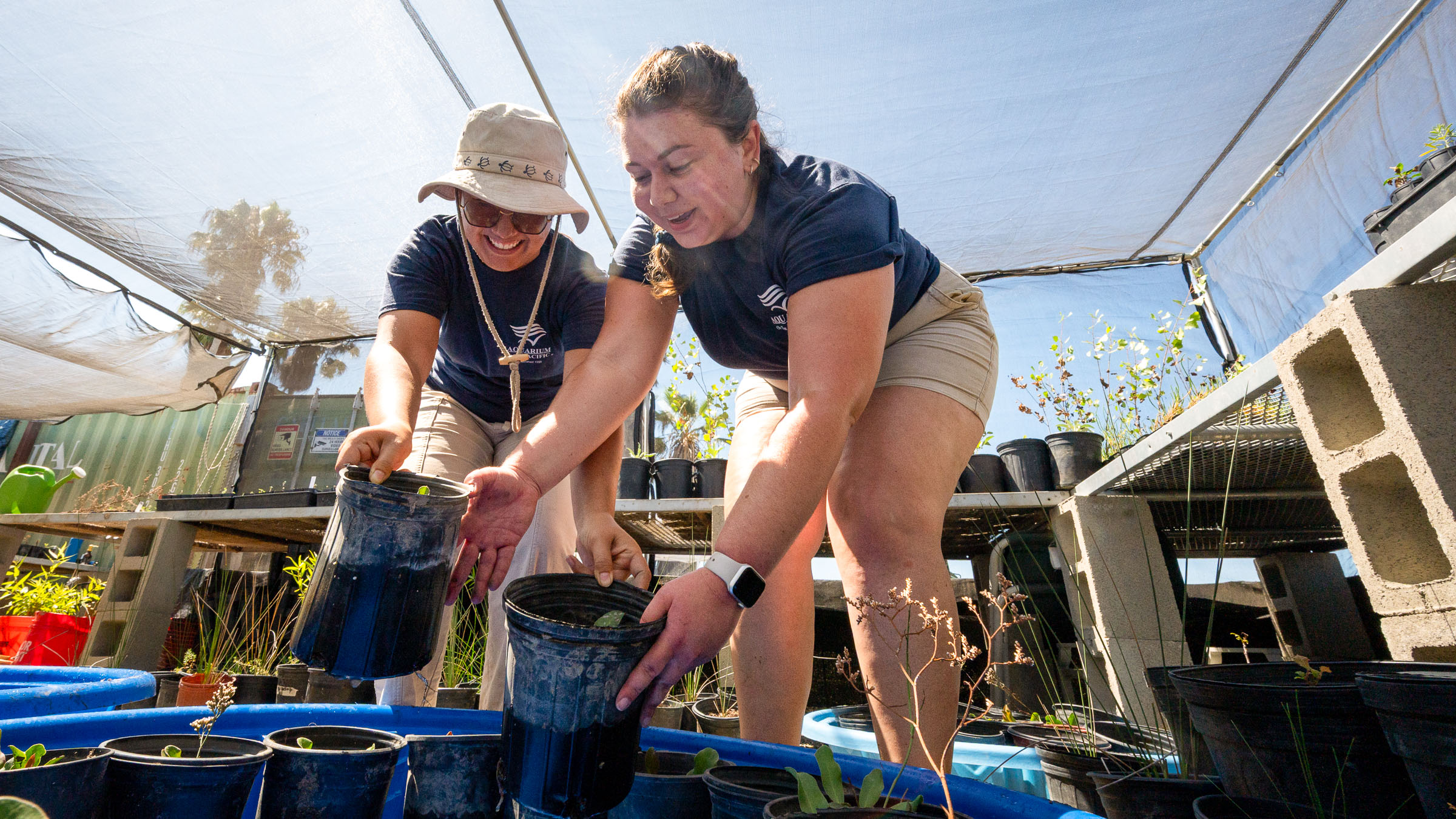 Two Aquarium staff holding pots